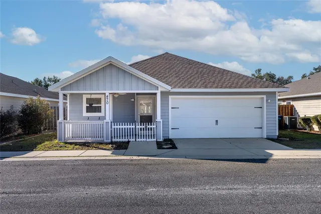 front view of a house with a patio