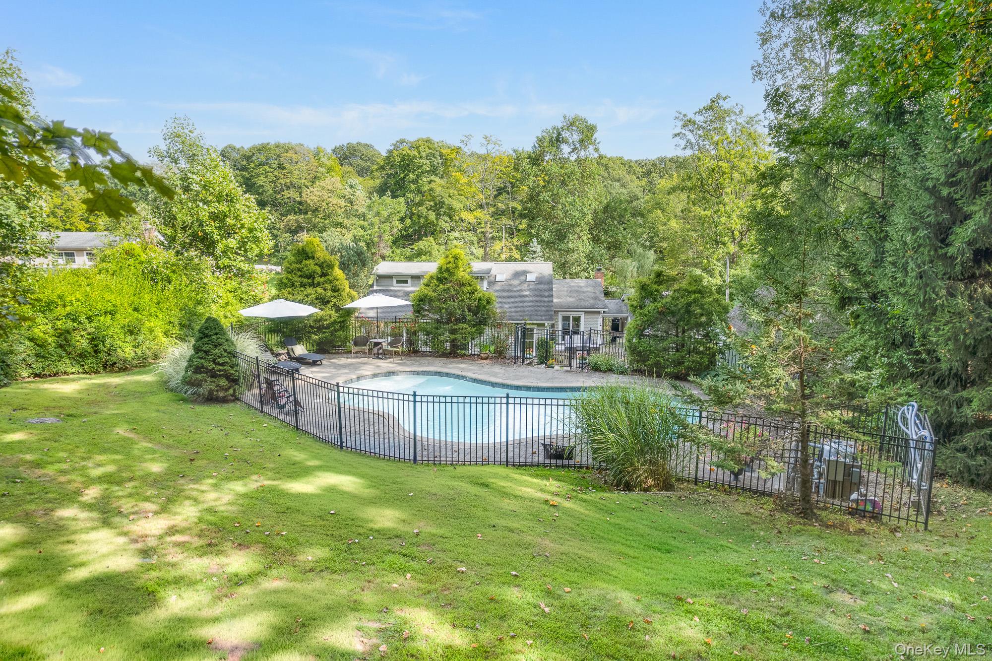 View of swimming pool with a patio and a view of trees