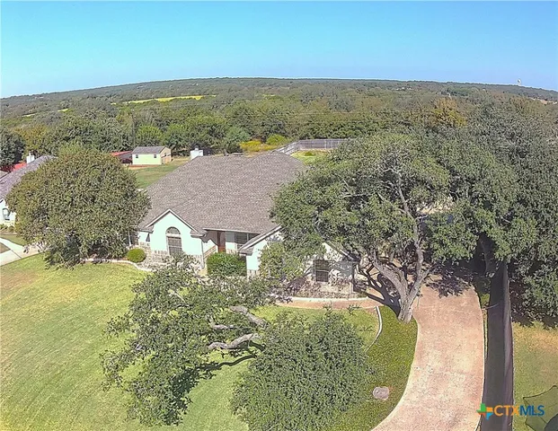 an aerial view of residential houses with outdoor space and trees