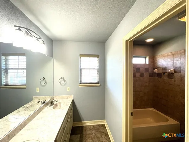 a bathroom with a tub sink and mirror