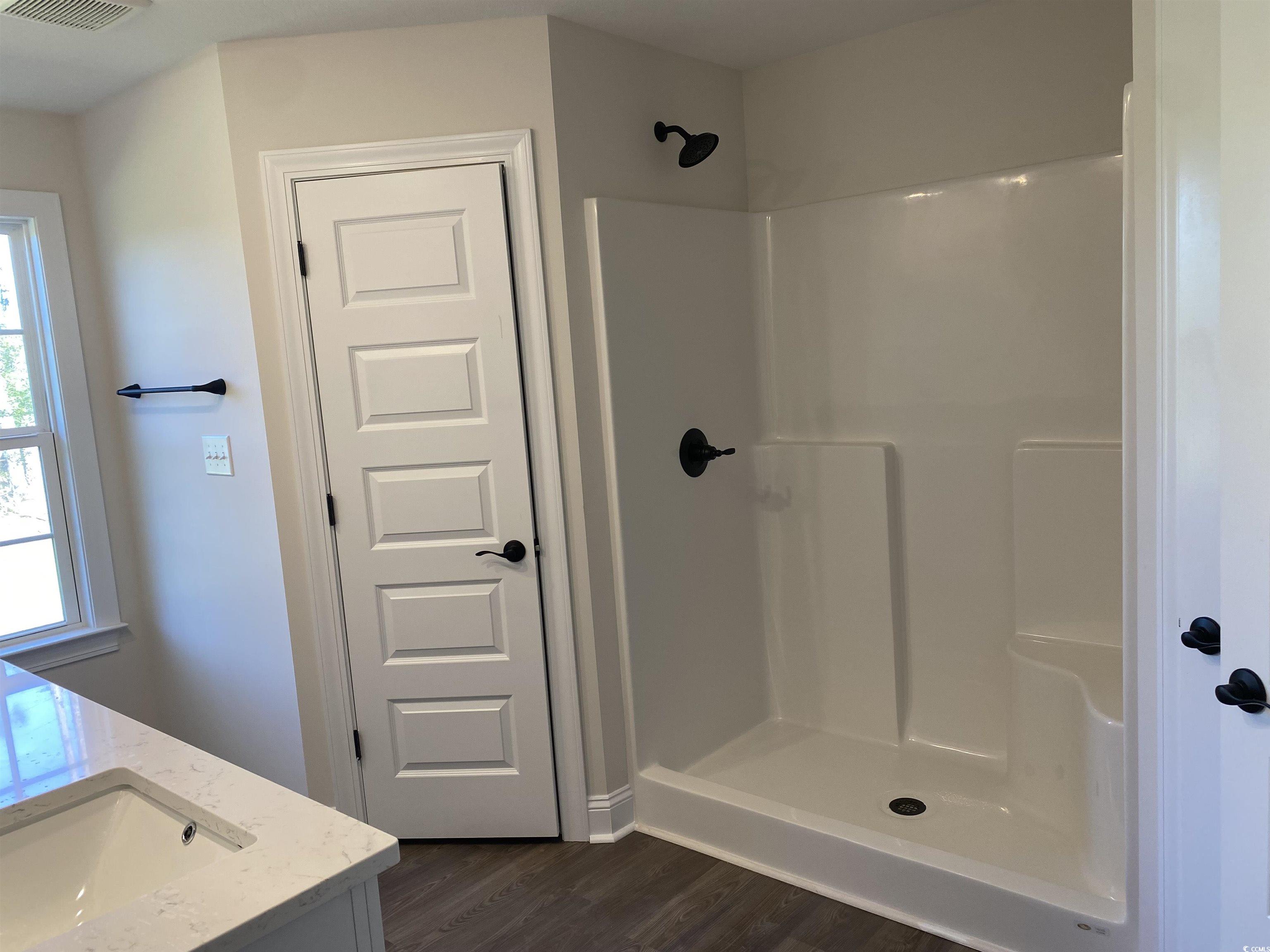 3397 Dusty Road Loris, SC 29569 - Photo 2 of 10 Bathroom with vanity, walk in shower, and wood-typ