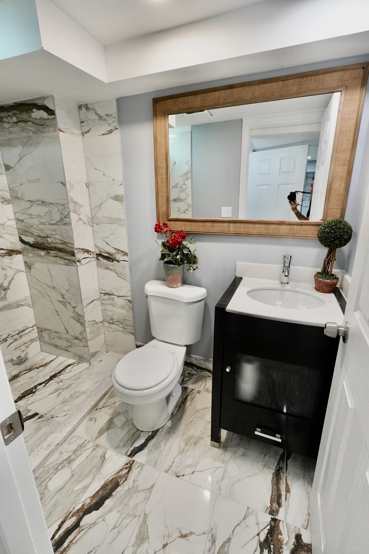 8734 South Honore Street Chicago, IL 60620 - Photo 28 of 33 a bathroom with a sink toilet a mirror and vanity