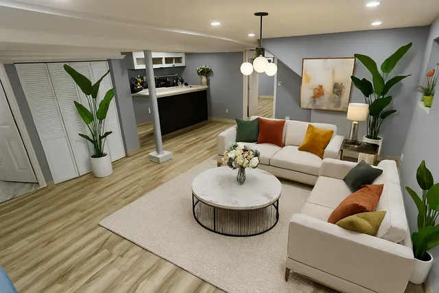 a living room with furniture and a wooden floor