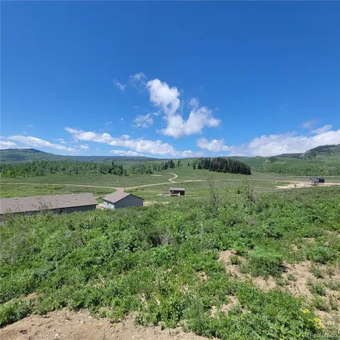 a view of a lush green outdoor space with a swimming pool