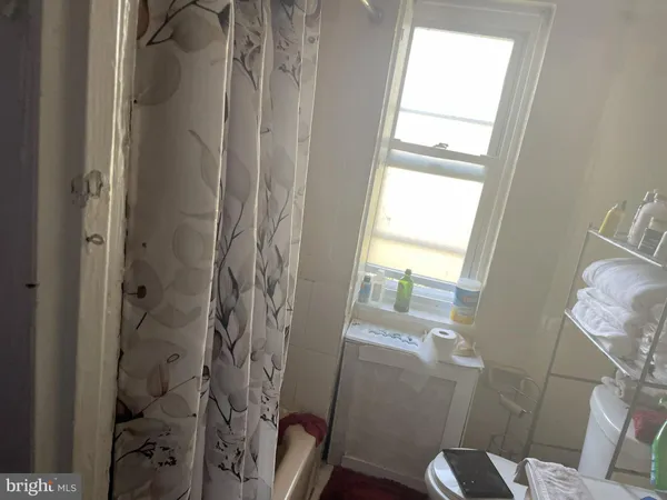 a bathroom with a shower and a toilet