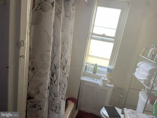 a bathroom with a shower and a toilet