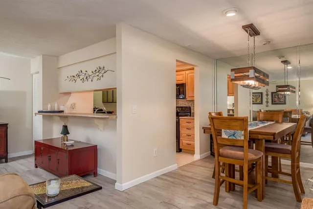 a view of a dining room with furniture