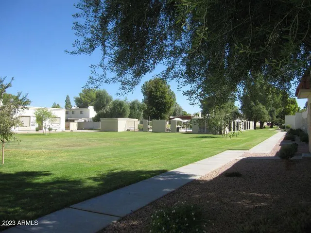 a view of a park with large trees