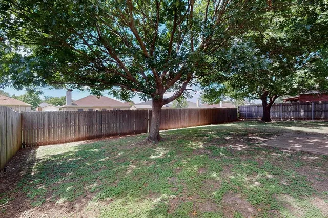 a view of a backyard with a trees and wooden fence