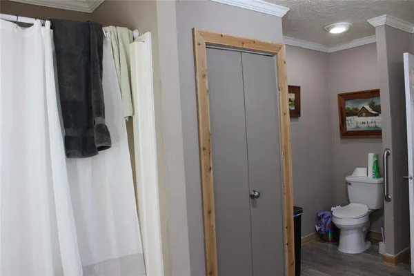 a bathroom with a toilet and a shower