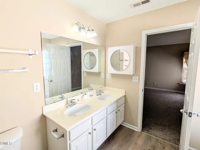 a bathroom with a sink vanity and a mirror
