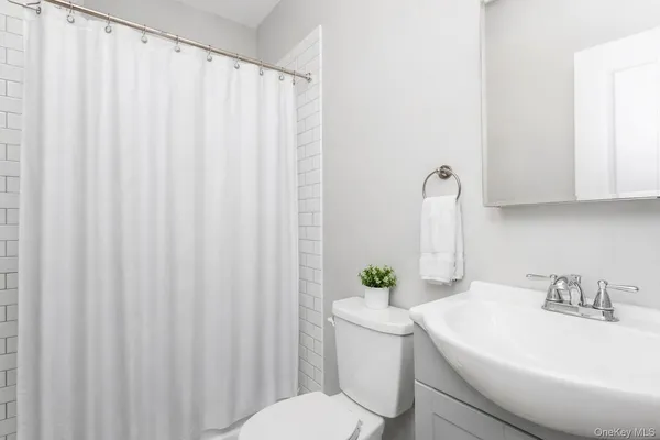 a bathroom with a sink a toilet and shower curtain