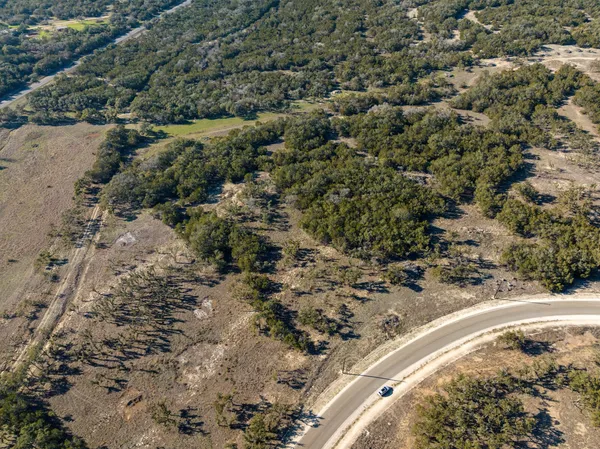 a view of a dry yard with trees and houses in the back