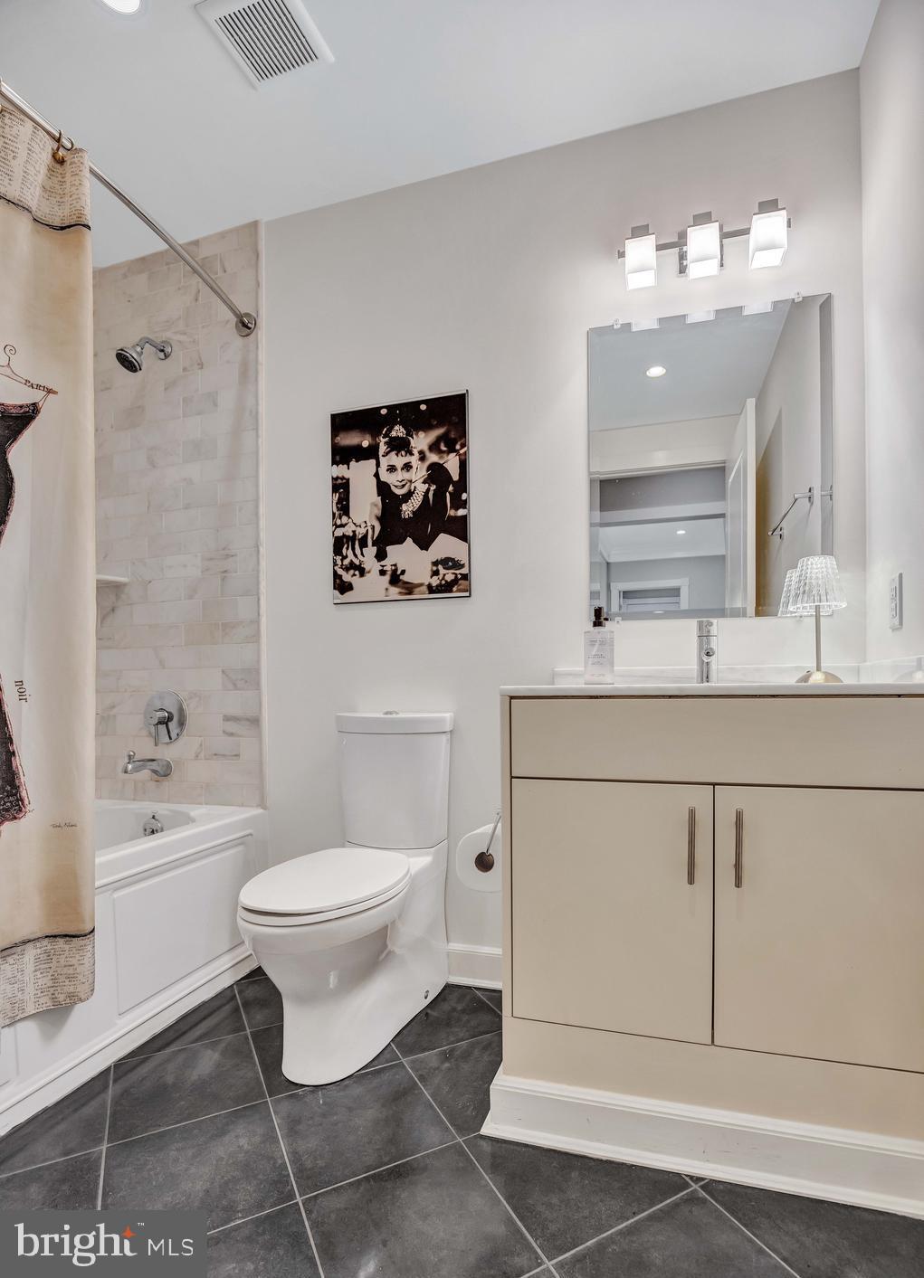 910 Powhatan Street, Unit 104N Alexandria, VA 22314 - Photo 5 of 60 a bathroom with a sink a toilet a mirror a vanity and bathtub
