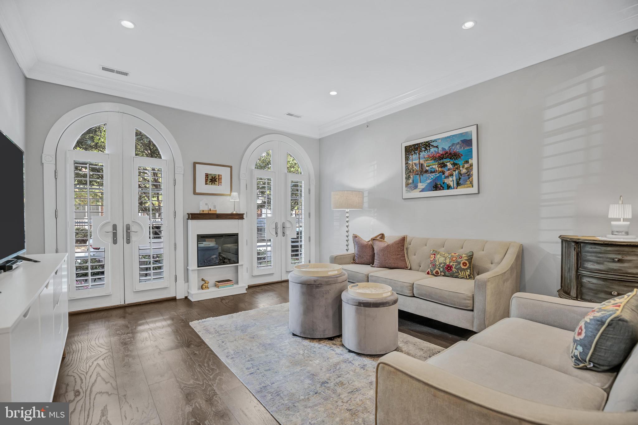 910 Powhatan Street, Unit 104N Alexandria, VA 22314 - Photo 7 of 60 a living room with furniture a flat screen tv and a fireplace