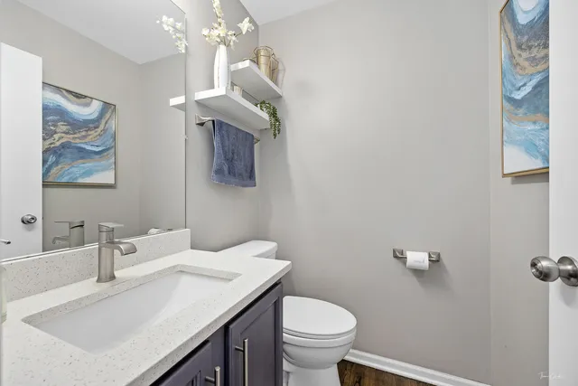 a bathroom with a sink vanity and toilet