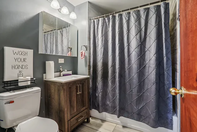 a bathroom with a sink a toilet and shower curtain