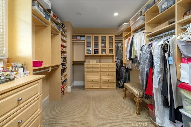 a view of walk in closet with clothes and shoes