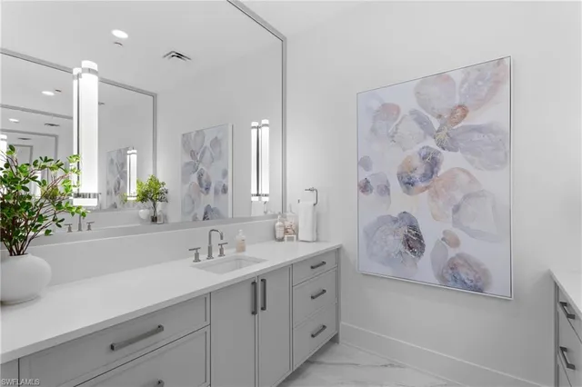 a bathroom with a sink a mirror and a shower