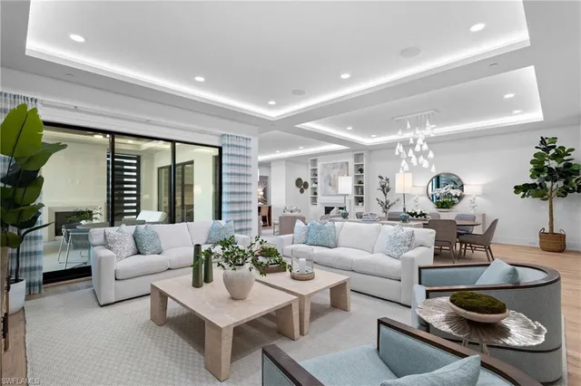 a living room with furniture potted plant and a large window