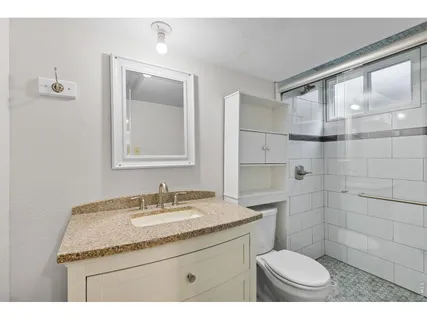 a bathroom with a granite countertop sink a toilet a mirror and shower