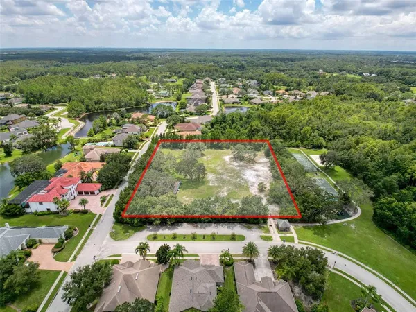 an aerial view of residential houses with outdoor space and trees