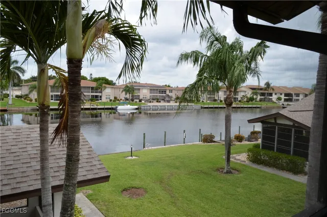 a view of a lake with a garden