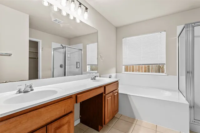 a bathroom with a tub sink and mirror