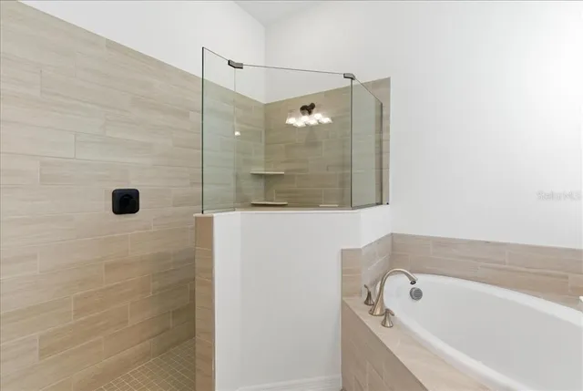 a bathroom with a tub shower and mirror