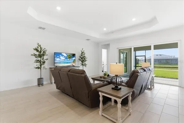 a living room with furniture and a potted plant