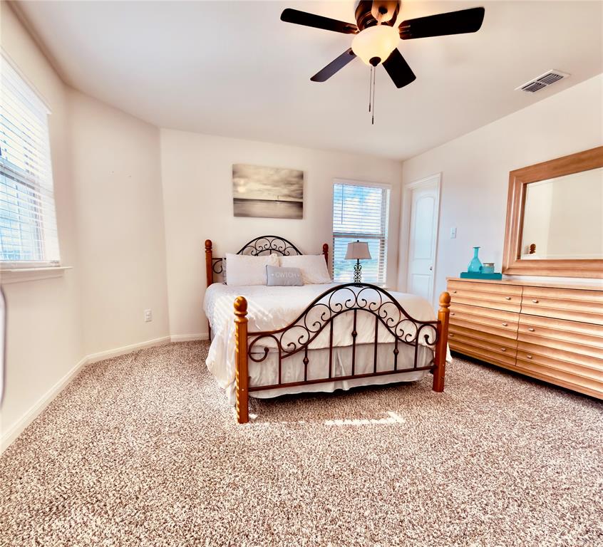 196 Cattlemans Crk Road West Newark, TX 76071 - Photo 15 of 24 Carpeted room with a ceiling fan, two windows with blinds, and white baseboards