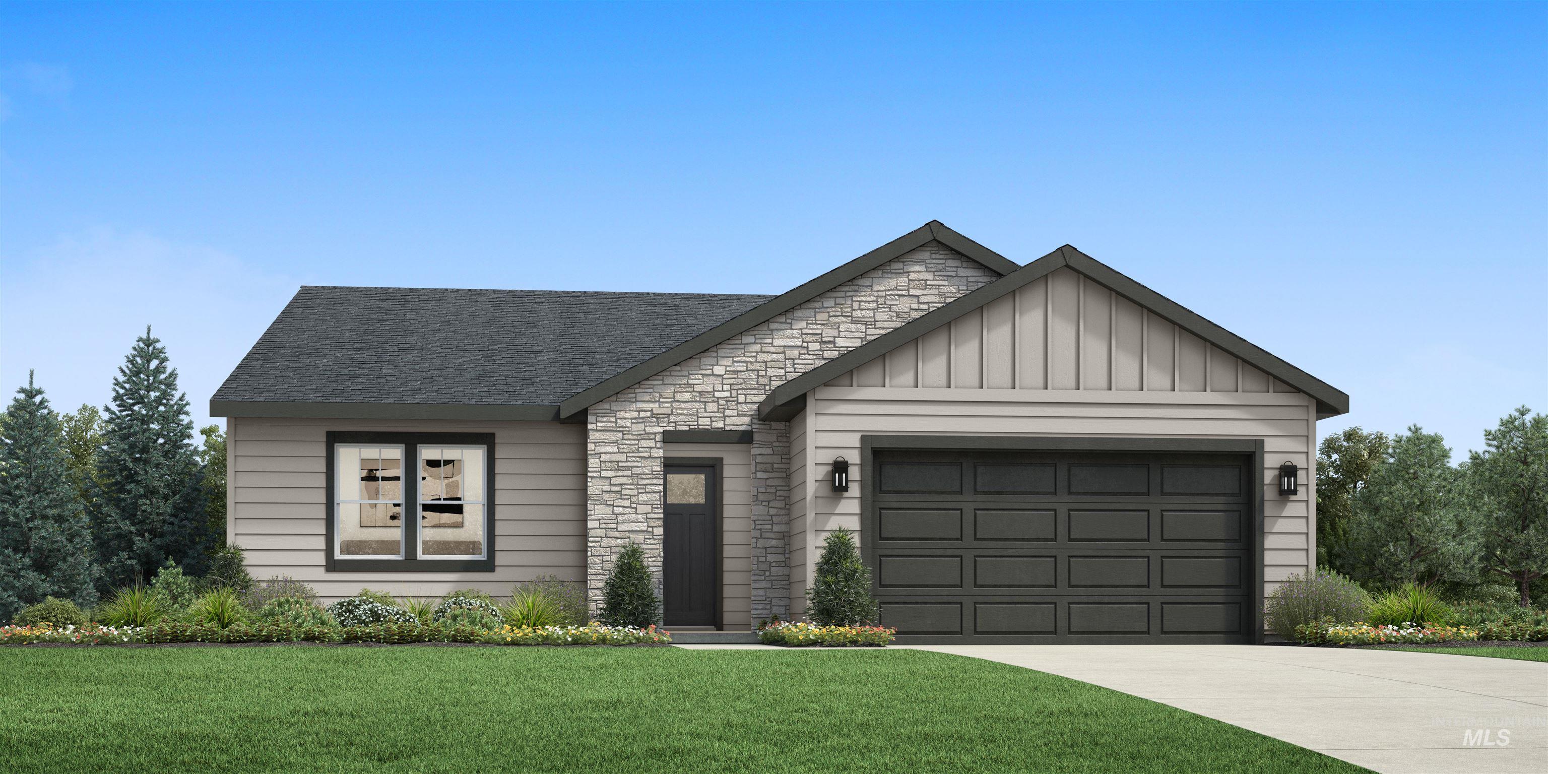 1925 Buckbrush Avenue Middleton, ID 83644 - Photo 1 of 20 Contemporary single-story residence showcasing a stone facade accent, vertical board and batten siding, horizontal lap siding, a dark asphalt shingle roof, and an attached two-car garage