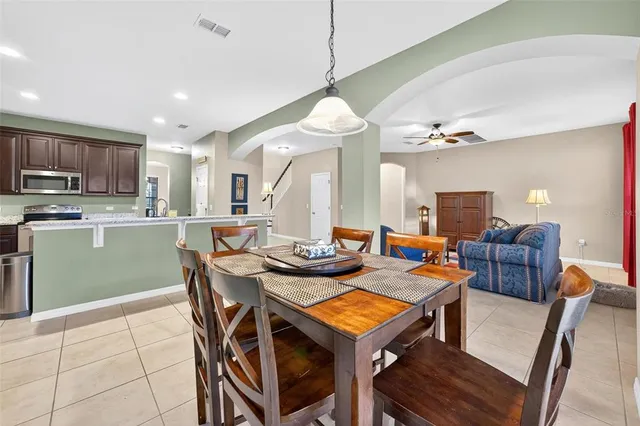 a view of a dining room with furniture window and outside view