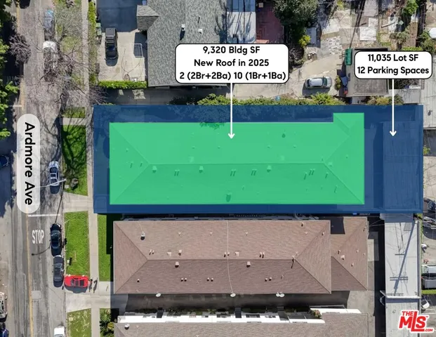 an aerial view of a house with a garden