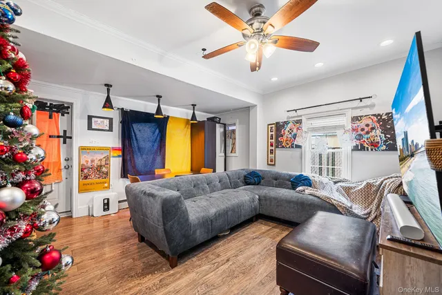 a living room with furniture and a potted plant