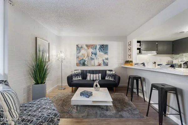 a living room with furniture rug and window