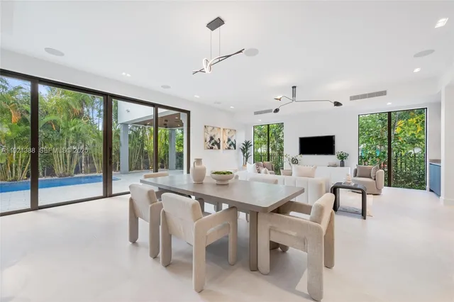a view of a dining room with furniture window and outside view