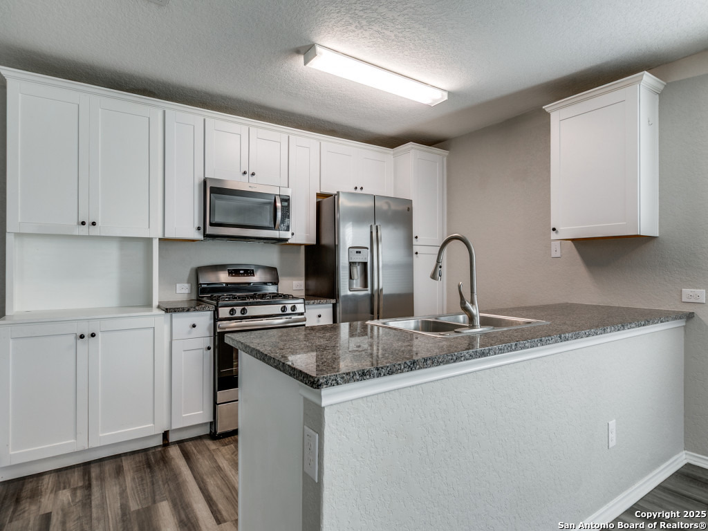 31593 Nimbus Drive Bulverde, TX 78163 - Photo 7 of 30 a kitchen with stainless steel appliances granite countertop a stove a sink dishwasher a refrigerator and white cabinets with wooden floor