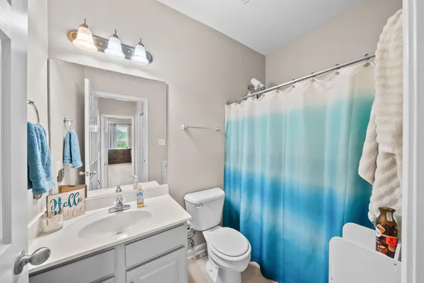 a bathroom with a sink a toilet a mirror and shower curtain
