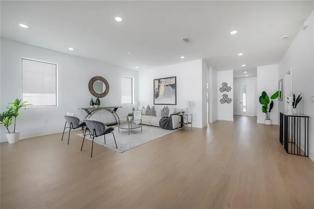 a view of a dining room with furniture
