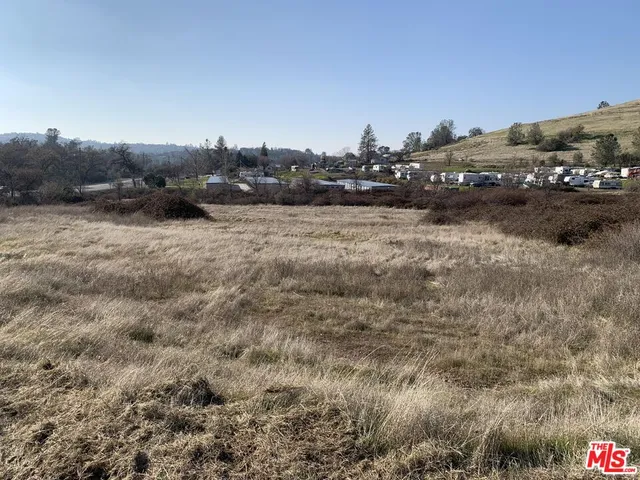 a view of a dry yard with wooden fence