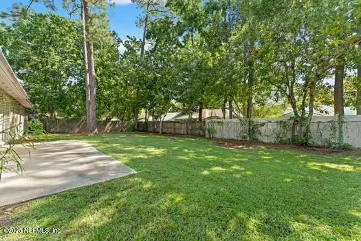 a view of a park with large trees