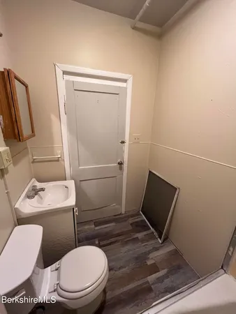 a bathroom with a toilet a sink and a mirror