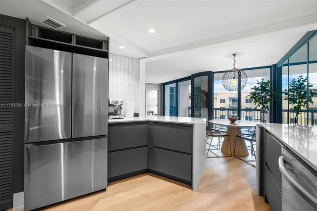 a kitchen with stainless steel appliances a refrigerator and a stove