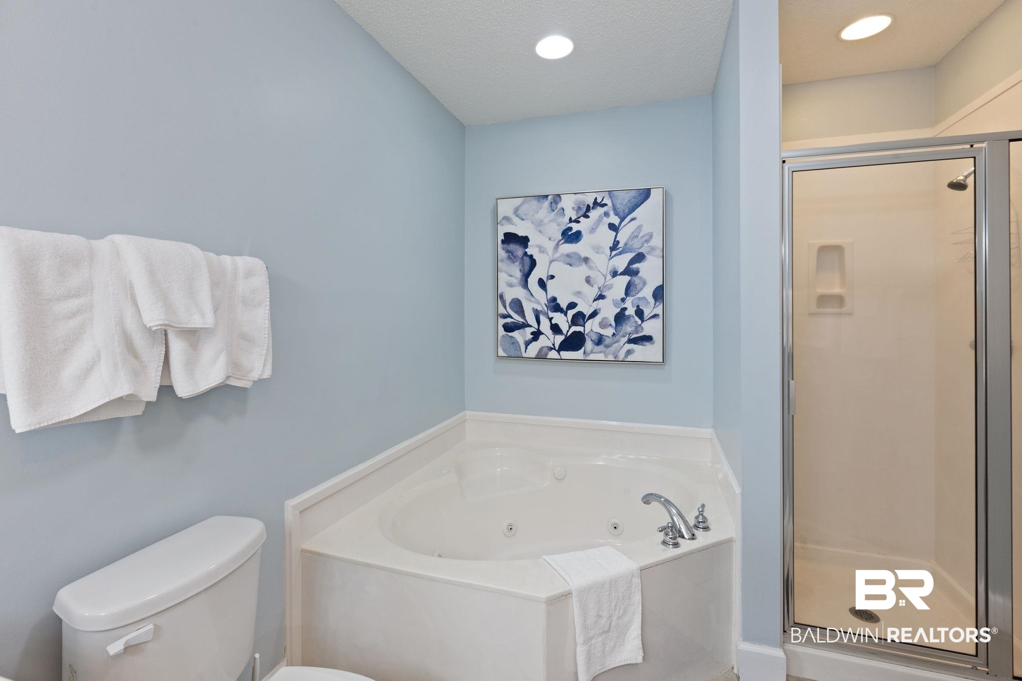 27580 Canal Road, Unit 1112 Orange Beach, AL 36561 - Photo 22 of 50 Bathroom featuring a shower stall, a whirlpool tub, a textured ceiling, and recessed lighting