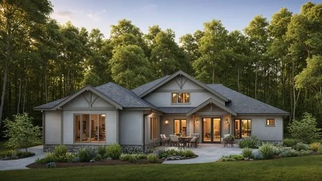 a front view of a house with a yard and potted plants