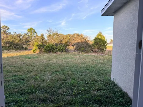 a view of a field with an trees in the background