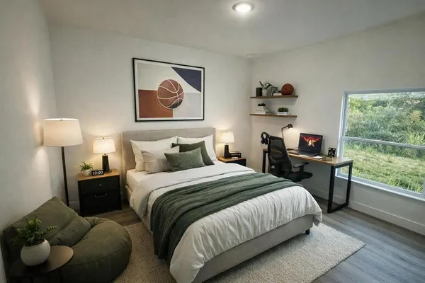 a bedroom with bed and a window