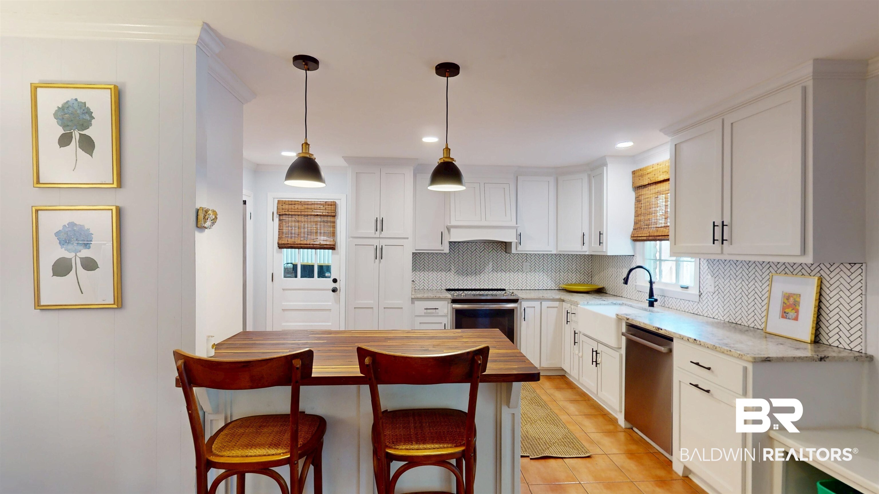 163 Fenwick Road Mobile, AL 36608 - Photo 14 of 25 Kitchen with butcher block countertops, tasteful backsplash, decorative light fixtures, white cabinetry, and recessed lighting