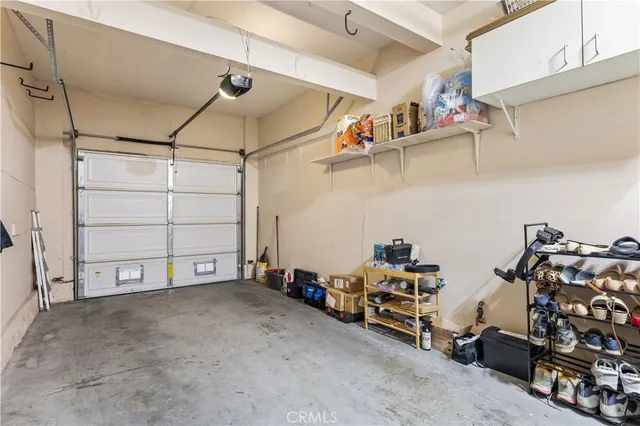 a view of a garage with storage